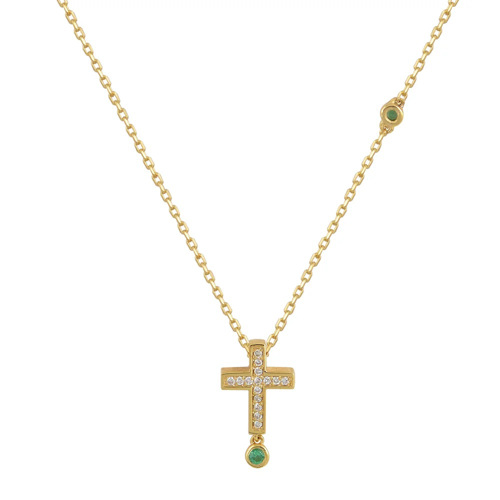Κολιέ σταυρός με διαμάντια και σμαράγδια