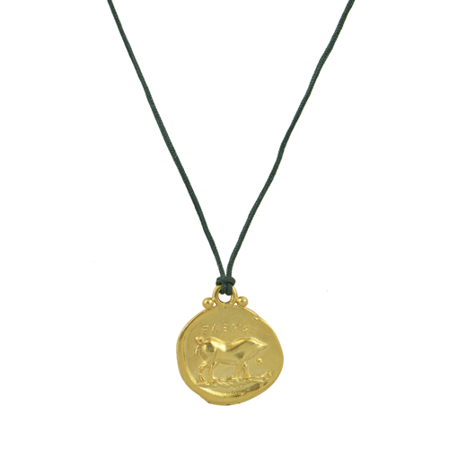 Κολιέ ασημένιο επίχρυσο διπλής όψης με πράσινο κορδόνι