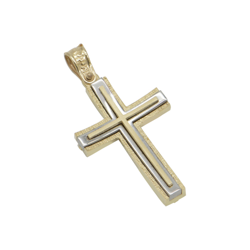 Σταυρός δίχρωμος και διπλής όψης σε κίτρινο και λευκό χρυσό Κ14