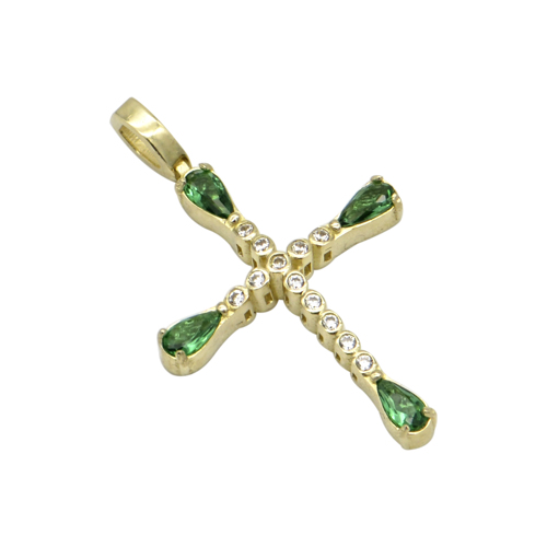 Σταυρός με λευκές και πράσινες πέτρες ζιργκόν σε κίτρινο χρυσό Κ14