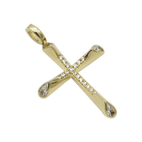 Σταυρός διπλής όψης με ζιργκόν σε κίτρινο χρυσό Κ14
