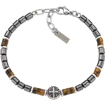 Βραχίολι ανδρικό ασημένιο με σταυρό και πέτρες ματι τίγρης και αιματίτη