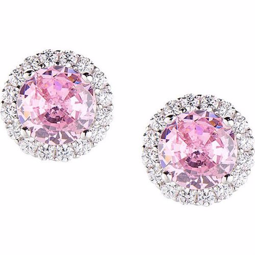 Σκουλαρίκια ροζέτα με ροζ κεντρο και περιμετρικά λευκές πέτρες απο ασήμι